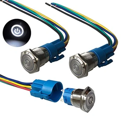 Imagen de QitinDasen 3Pcs Premium 12V / 24V 5A Interruptor de Botón Autoblocante, 19mm Metálico, LED Blanco Pulsador Impermeable IP67 con Enchufe Cable