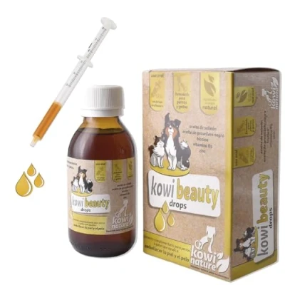 Imagen de Kowi Beauty Drops. Aceite de Salmón Perros y Gatos, Ayuda a Embellecer su Piel Pelo. con Omega 3, Grosellero Negro, Vitamina B5, Biotina Zinc. Ingredientes 100% Naturales. Frasco 120 ml