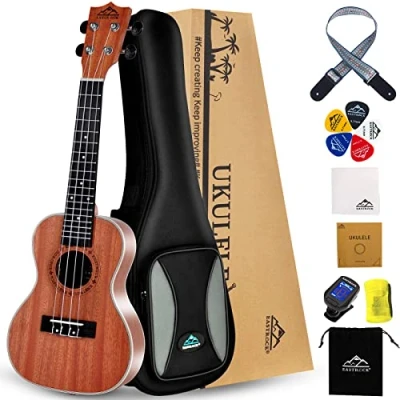 Imagen de EASTROCK Ukelele soprano para principiantes Kit de Ukulele madera sapeli 23 pulgadas con bolsa Thicknen, afinador, correa, hilo carbono, juego paño limpieza