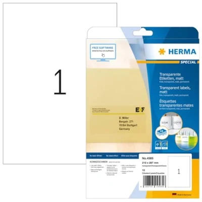 Imagen de HERMA 4585 etiquetas de papel aluminio (210 x 297 mm, 10 hojas, película poliéster, mate), autoadhesivas, imprimibles, permanentes, adhesivas, transparentes