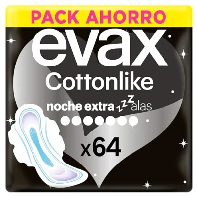 Imagen de Evax Cottonlike Noche Extra, 64 Compresas Extra con Alas, Hasta 100% Noches Limpias, más ancha y larga pero igual de fina