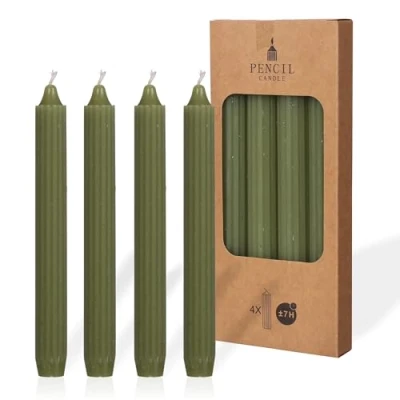 Imagen de COMFORDER Juego de 4 velas mesa monocromáticas + acanaladas, 20 cm, 7 horas combustión (verde musgo)