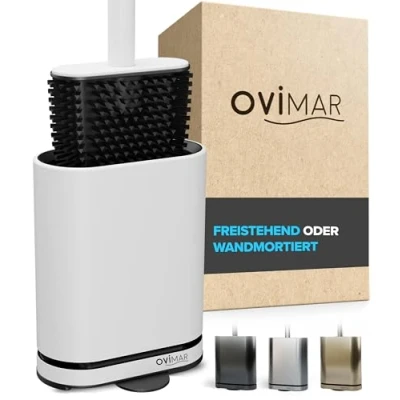 Imagen de Ovimar Toilettenbürste Oppdal Weiß Silikon Klobürste WC Bürste mit Belüftung Edelstahl abnehmbare Tropfschale nur 6cm breit stehend Oder Wandbefestigung im Badezimmer