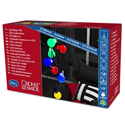 Imagen de Konstsmide 2388 520 Cadena de luces led (80 diodos blanco cálido, 10 bombillas multicolor, transformador exterior 24 V, cable negro)
