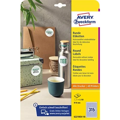 Imagen de AVERY Zweckform 6221REV 10 etiquetas redondas (3150 puntos de pegamento, diámetro mm en A4, pegatinas para impresión, se pueden quitar y sin residuos, autoadhesivas