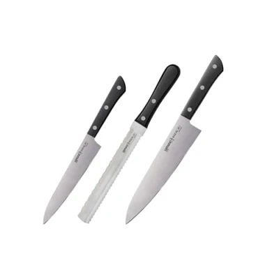 Imagen de Samura HARAKIRI Set de 3 Cuchillos profesionales cocina: Chef, Multiusos y Sierra japoneses Acero Inoxidable AUS 8 Mango Ergonómico ABS