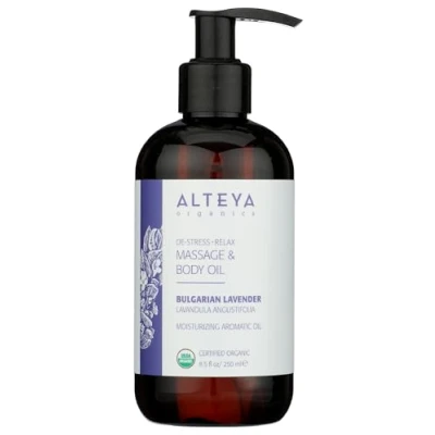 Imagen de Alteya Organic Relajante Aceite de Masaje Corporal con Lavanda 250 ml Producto Puro Bio Natural Certificado USDA Tratamiento Anti Estrés Calmante Nutriendo la Piel