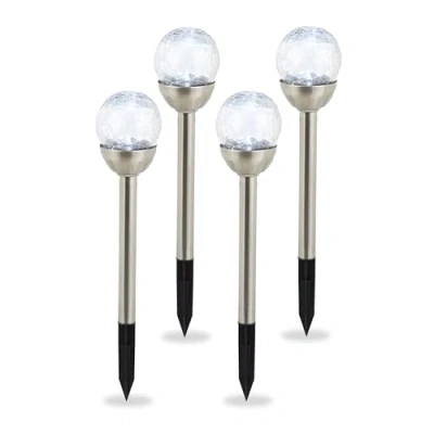 Imagen de Relaxdays Set de cuatro luces solares para jardín, Lámparas modernas, Impermeable, Estaca suelo, Cambio color, Plateado