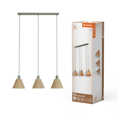 Imagen de LEDVANCE Pendelleuchte 3 flammig Decor Raffia Linear grün aus Bast und Metall, E27, 845 mm Länge, Leuchtenschirm recyceltem Material, nachhaltig durch austauschbare Lichtquelle, einfache Montage