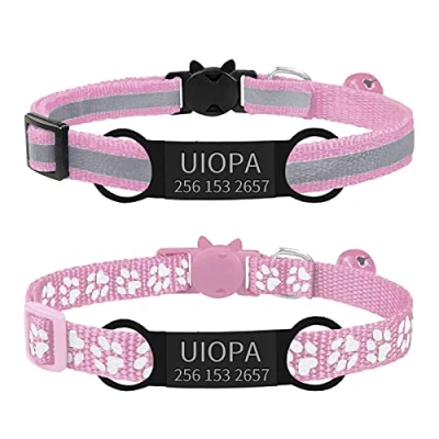 Imagen de Uiopa 2 Pzs Collar Gato con Chapa Perro Grabada, Antiahogo Cascabeles y Hebilla Seguro, Liberación Rápida Reflectante, Personalizado para Mascota (Rosa)
