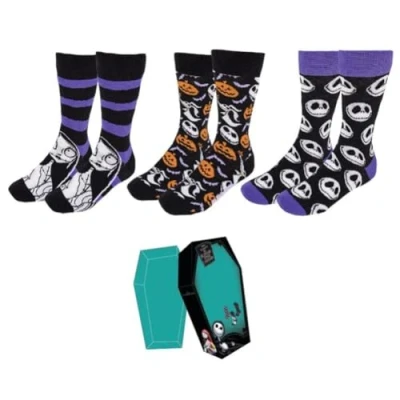 Imagen de Calcetines de Pesadilla Antes Navidad Pack 3 Pares Talla 35 41 Largos Fabricados con Algodón, Poliamida y Elastano Estampado Personajes Producto Original Diseñado en España