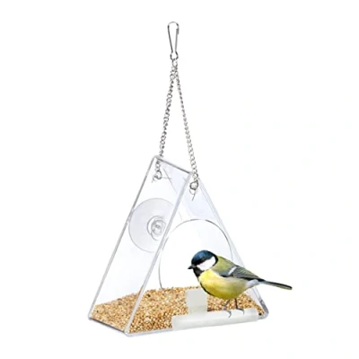 Imagen de Relaxdays Comedero Pájaros Triángulo Acrílico, Alimentador Aves Colgante, para Ventana, 13 x 12,5 7,5 cm, Transparente