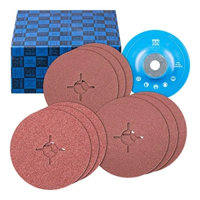 Imagen de PFERD Juego de discos fibra 64198001, 10 unidades, corindón 125 mm diámetro, A36, 60, 80 con placa apoyo GT, para aplicaciones universales