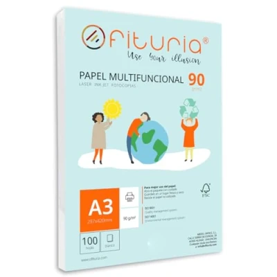 Imagen de Paquete de folios A3 90gr con 100 Hojas Blancas, Papel Multifuncional para Uso Escolar y Entornos Laborales. Ideal impresoras láser, inyección o fotocopiadoras Ofituria
