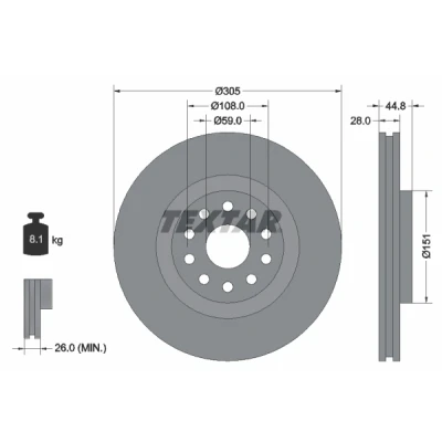 Imagen de TEXTAR 92115800 Disco de freno 305 28 05/10 108 ventilación interna sin perno sujeción rueda, buje rueda