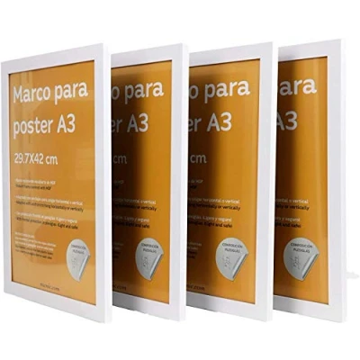 Imagen de Nacnic Pack 4 Marcos de Madera MDF Blanco y Vidrio Acrílico Protección Expositor Fotografías, Láminas, Pósters, Cuadros Decoración para Salón, Dormitorio u Oficina A3 (29,7x42 cm)