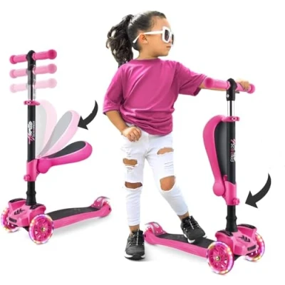 Imagen de Hurtle Patinete niñas 3 Ruedas, Juguetes niños 2 años en adelante, con Asiento abatible, Altura Ajustable, monopatin 1, Luces Intermitentes, Color Rosa