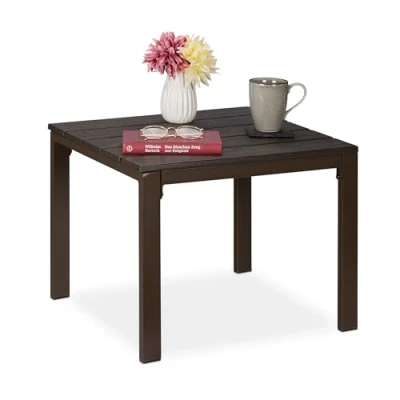 Imagen de Relaxdays Mesa Jardín Rectangular, Efecto Madera, Mesilla Balcón, Terraza, Patio, 39 x 98 48 cm, Mesita Porche, Marrón, 39x52x48 cm