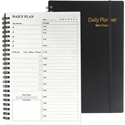 Imagen de planificador diario sin fecha, por hora de 152 páginas, cuaderno lista tareas, manual gestión del tiempo y con cubierta flexible, cierre elástico, bolsillo interior,