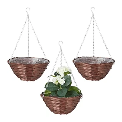 Imagen de Relaxdays Macetas Colgantes, Set de 3, 30 cm, Recubrimiento para Plantar, Flores y Plantas, Sauce Hierro, Marrón