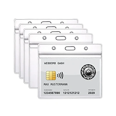 Imagen de 5 fundas para tarjetas de identificación con cremallera, horizontales, impermeables, carnés identificación, flexibles, 0,80 mm grosor, transparentes