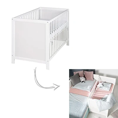 Imagen de roba Cuna Colecho 60 x 120 cm, 2en1, Convertible en Cama de Bebé Independiente, Ajustable Altura, 5 Barrotes Desmontables, Madera Blanca
