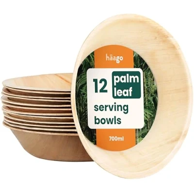Imagen de HAAGO 12 cuencos grandes de hoja palmera compostables y desechables (700 ml, redondos) Vajilla ecológica para picnic exterior Congelador microondas