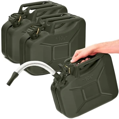 Imagen de BW® Bidón de combustible metal para gasolina, 3 x 10 litros, con boquilla, color verde bronce, RAL 6031 F9, certificado TÜV y autorización UN, fabricado en Europa