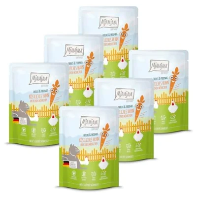 Imagen de MjAMjAM Comida húmeda Premium para Gatos Quetschie Chicks &amp; Friends Delicioso Pollo con Zanahorias Finas, Pack de 6 (6 x 300g), sin Cereales