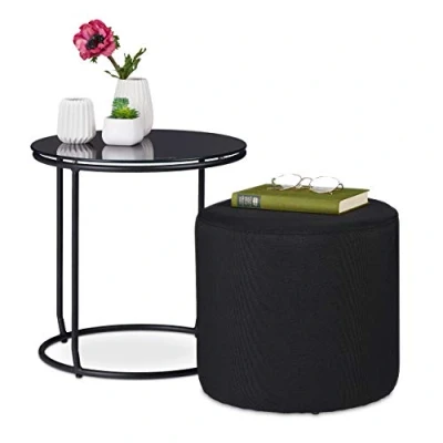 Imagen de Relaxdays Mesa Auxiliar con Taburete, Mesita de Sofá Redonda, Ahorro Espacio, Cristal y Metal, 40 x cm, Negro, Acero