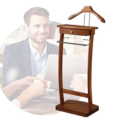 Imagen de Qcesorib Galán de Noche Madera, Multifuncional para Trajes y Pantalones Mezcla Madera y, Perchero con Estantes Cajones Ropa Pie en el Suelo Hombro Ancho Curvo