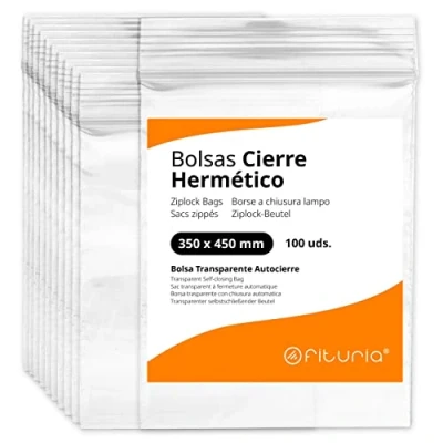 Imagen de Bolsas con Cierre Hermético de Plástico Transparentes Ideales para Congelar Alimentos, Guarda Documentos, Reutilizables y Conservación Ofituria (100 Bolsas, 350 x 450 mm)