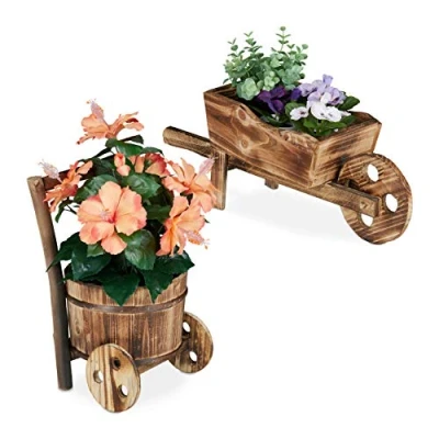 Imagen de Relaxdays Pack de 2 Macetas Carretilla, Madera Quemada, Decoración Jardín, Retro, Carritos para Plantas, Natural