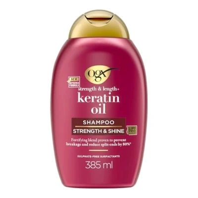Imagen de OGX Strength &amp; Length + Keratin Oil Shampoo (385 ml), champú fortificante con proteínas de keratina y aceite argán, tensioactivos sin sulfatos, para pelo dañado