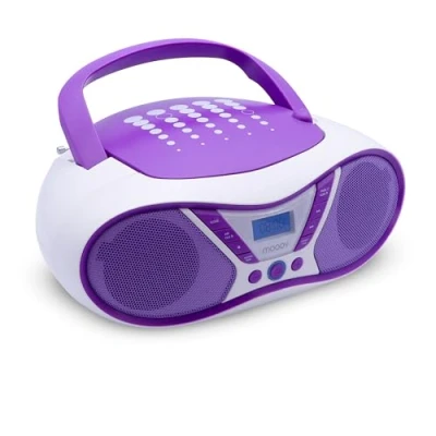 Imagen de Mooov 477404 Reproductor de CD portátil, Lector Audio R/CD RW/CD MP3, Radio FM, Puerto USB, Sonido estéreo 6W, asa ergonómica, Funciona con Corriente o Pilas, Pop Purple