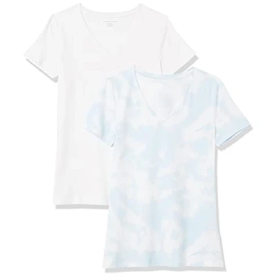 Imagen de Amazon Essentials Camiseta de Manga Corta con Cuello en Pico y Corte Recto Mujer, Pack 2, Azul Teñido Anudado/Blanco, L