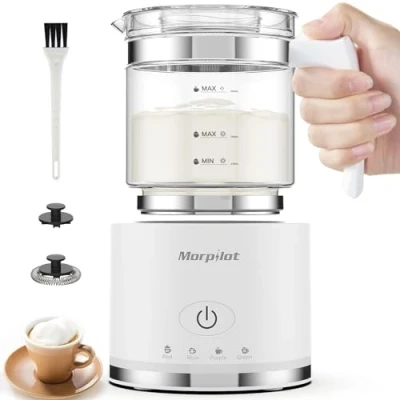Imagen de Morpilot Espumador de Leche Eléctrico 500 ml, Cristal 4 en 1, Diseño Dividido, Apto para Espuma Fría y Caliente, Capuchino, Latte