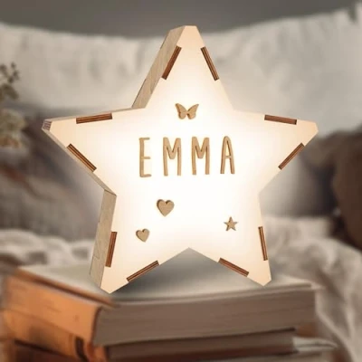 Imagen de WONDEE Vintiun Regalos Originales Personalizados para Bebés, Lámpara Estrella Madera Personalizable, Luz Nocturna Infantil Quitamiedos, Bebés Recién Nacidos