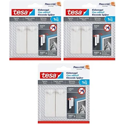 Imagen de tesa 77773 Clavo adhesivo para papel pintado y yeso/Clavos autoadhesivos superficies sensibles/Sin residuos/Capacidad de retenci?n 2 x 1 kg, piezas (3)