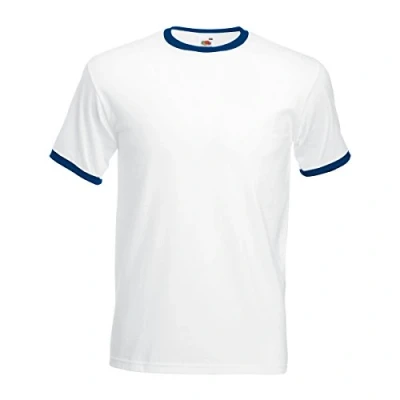 Imagen de Fruit of the Loom Camiseta de Manga Corta con Bordes Hombres (Mediana (M)/Blanco/Azul Marino)