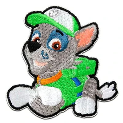 Imagen de Paw Patrol Patrulla Canina Rocky Parches Termoadhesivos Bordados Aplique Para Ropa, Tamaño: 7 x 6,4 cm