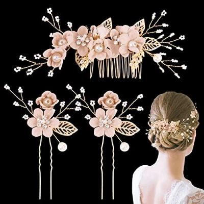 Imagen de BETESSIN Pinzas de Novia, Clips Pelo Perla Tocado Novia para Pelo, Horquillas Boda Accesorio Cabello Comunión Nupcial Mujer Chica, 1pcs Pinza+2pcs 3 Kit
