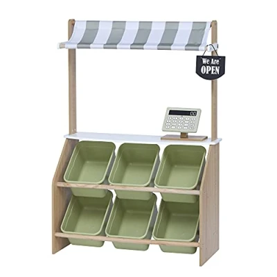 Imagen de Teamson Kids Little Helper Juego de simulación Mercado Madera Soporte comestibles Juguetes para niños con características interactivas y 6 Accesorios Verde TD 13638A