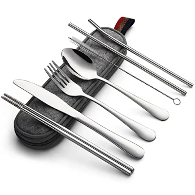 Imagen de DEVICO Utensilios portátiles, juego de cubiertos camping viaje, 8 piezas, incluye cuchillo, tenedor, cuchara, palillos, cepillo limpieza, popotes, funda portátil, acero
