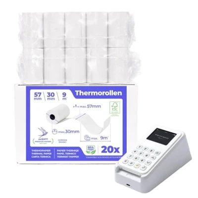 Imagen de SWIPARO Rollos papel térmico 57x30x12 mm para todos los TPV y las impresora térmica Rollo 57mm ideal máquinas de tarjetas Crédito (20 rollos)