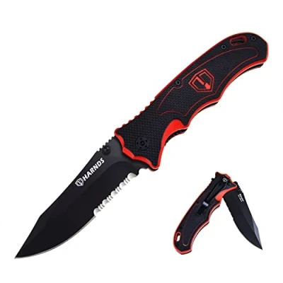 Imagen de Harnds Blazer Cuchillo Plegable de Caza al Aire Libre Camping Hoja Acero 9Cr18MoV Doble Cierre Seguridad Mango G10 con Funda (Titanio negro)