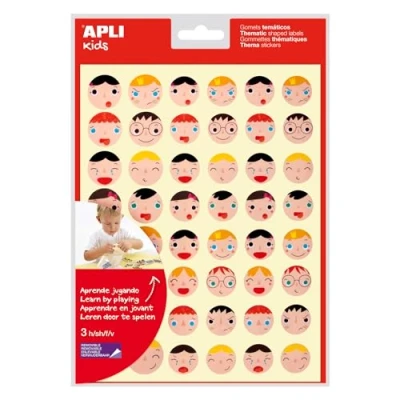 Imagen de APLI Kids 18770 Bolsa de 144 gomets con caras Emociones en 2 tamaños, adhesivo removible, 3 hojas