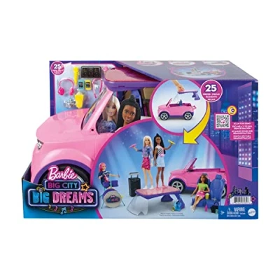 Imagen de Barbie Grandes Sueños en la Gran Ciudad Coche Musical Rosa con Purpurina, vehículo de Juguete para muñecas, Regalo niños y niñas +3 años (Mattel GYJ25)
