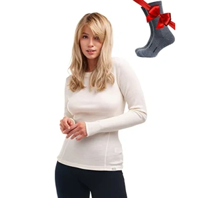 Imagen de Merino.tech Camiseta Lana Merino Mujer, Base Layer + Calcetines (Medium, 250 Natural Merinos)