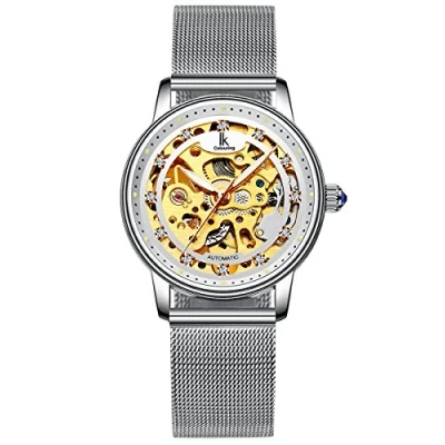 Imagen de Alienwork Reloj Automático Mujer Plateado Banda de Malla Metálica Blanco Esqueleto Fondo Vidrio